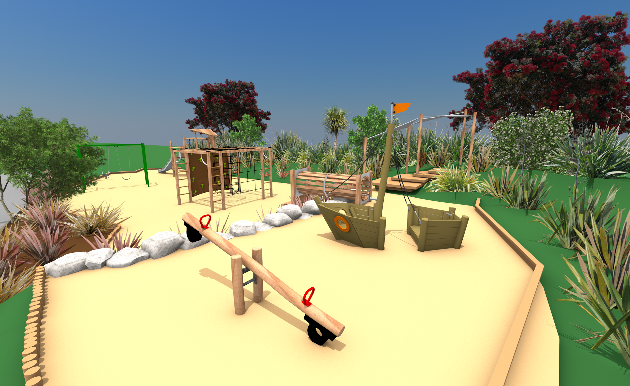 Kotuku Park playground - option 2 image of the seesaw and more.