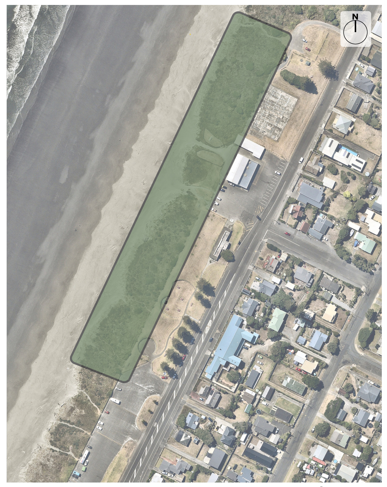 Map showing the area that is in scope for the boardwalk and beach accessway at Ōtaki Beach in front of the ball sports court, surf life-saving club to the public car park on Marine Parade. . 