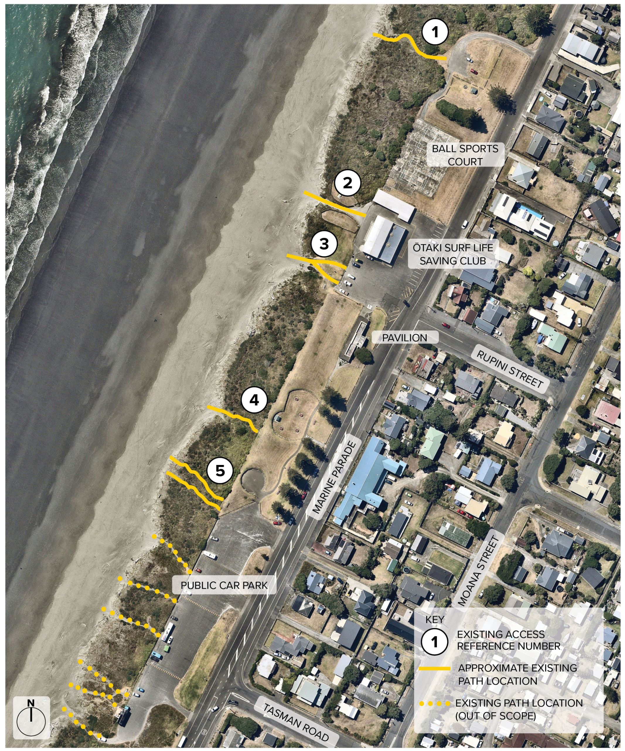 Map showing the five current formal and informal paths to the beach in this area. 