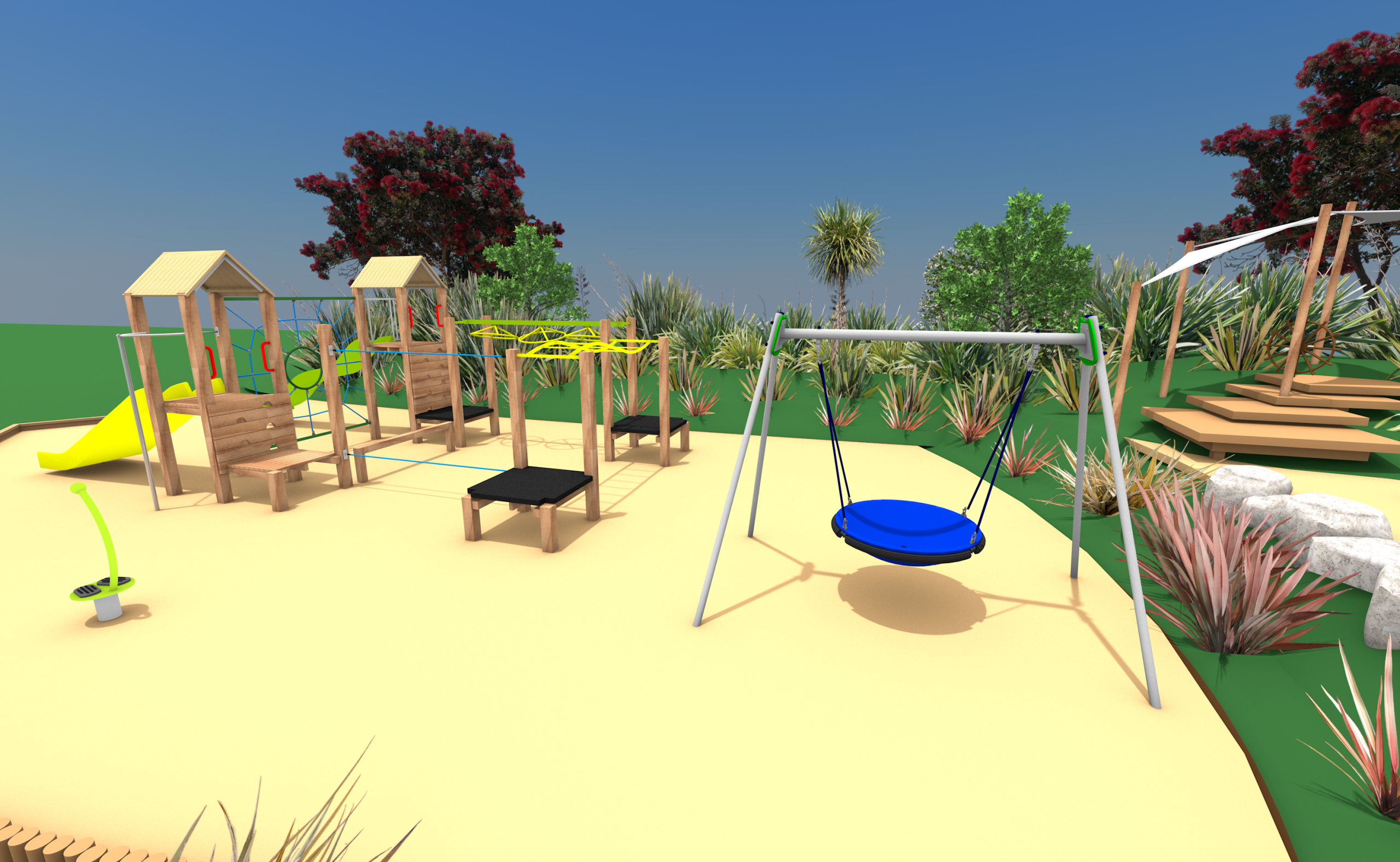 Kotuku Park playground - option 1 image of bucket swing and more.