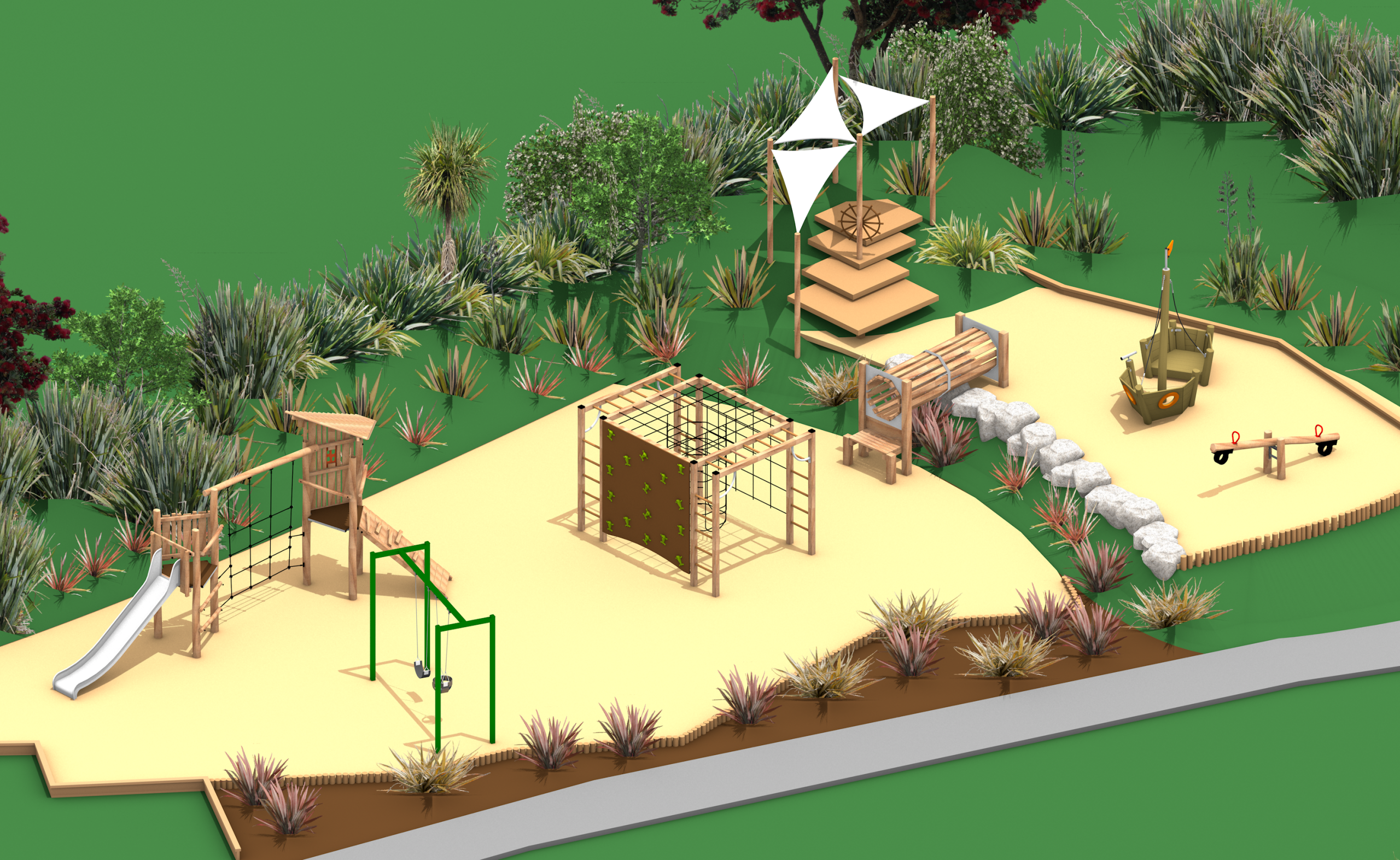 Kotuku Park playground - option 2 image of the entire concept.