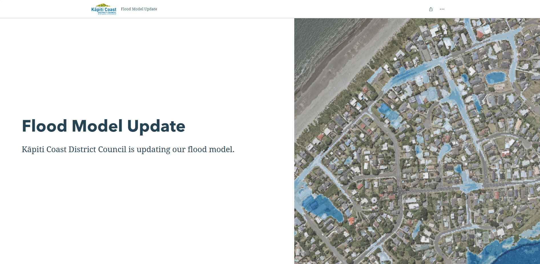 Screenshot of the Flood Model Update Storymap showing title and section of a flood map