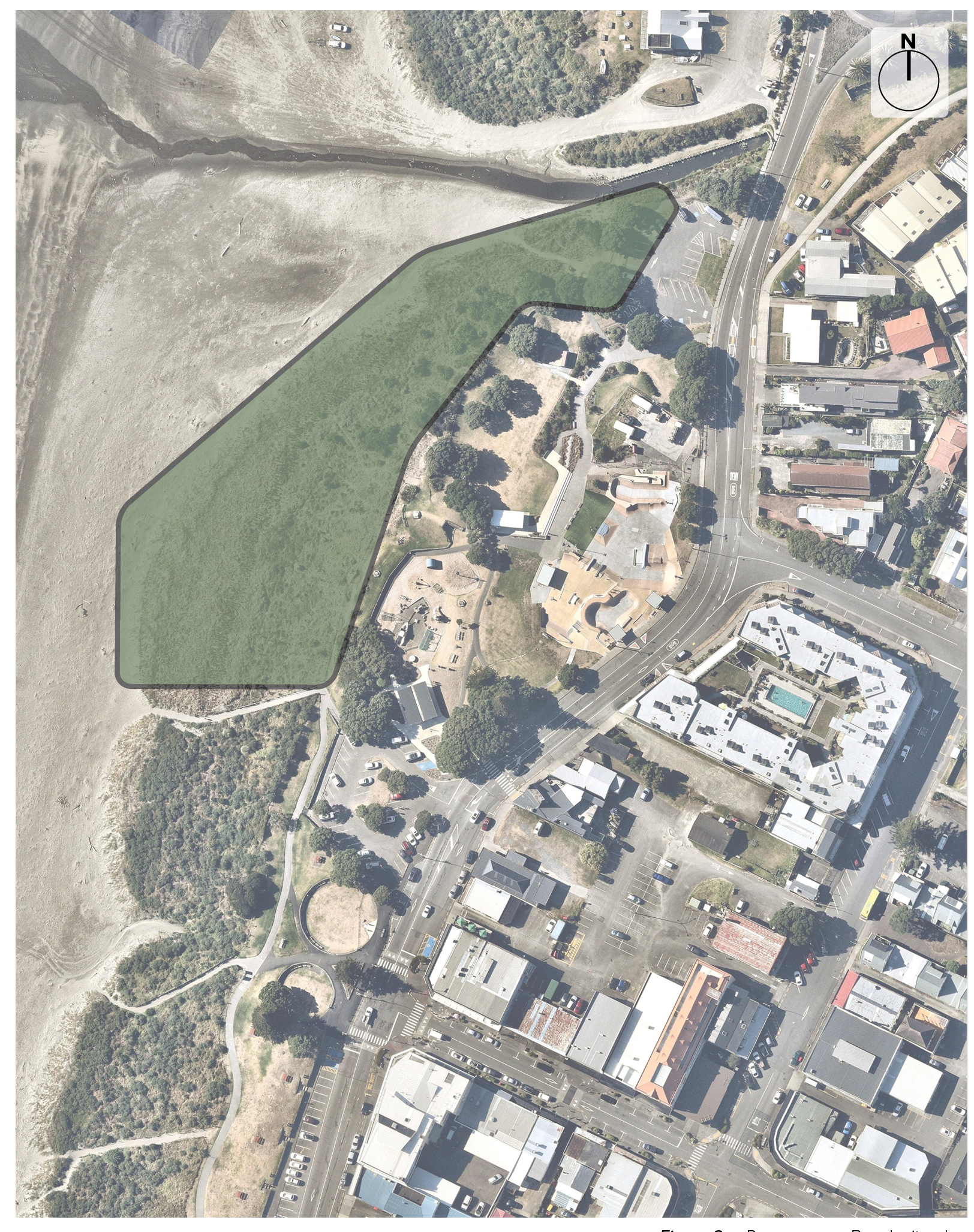 Map showing the area at Paraparaumu Beach in front of Maclean Park where the beach accessway would go.