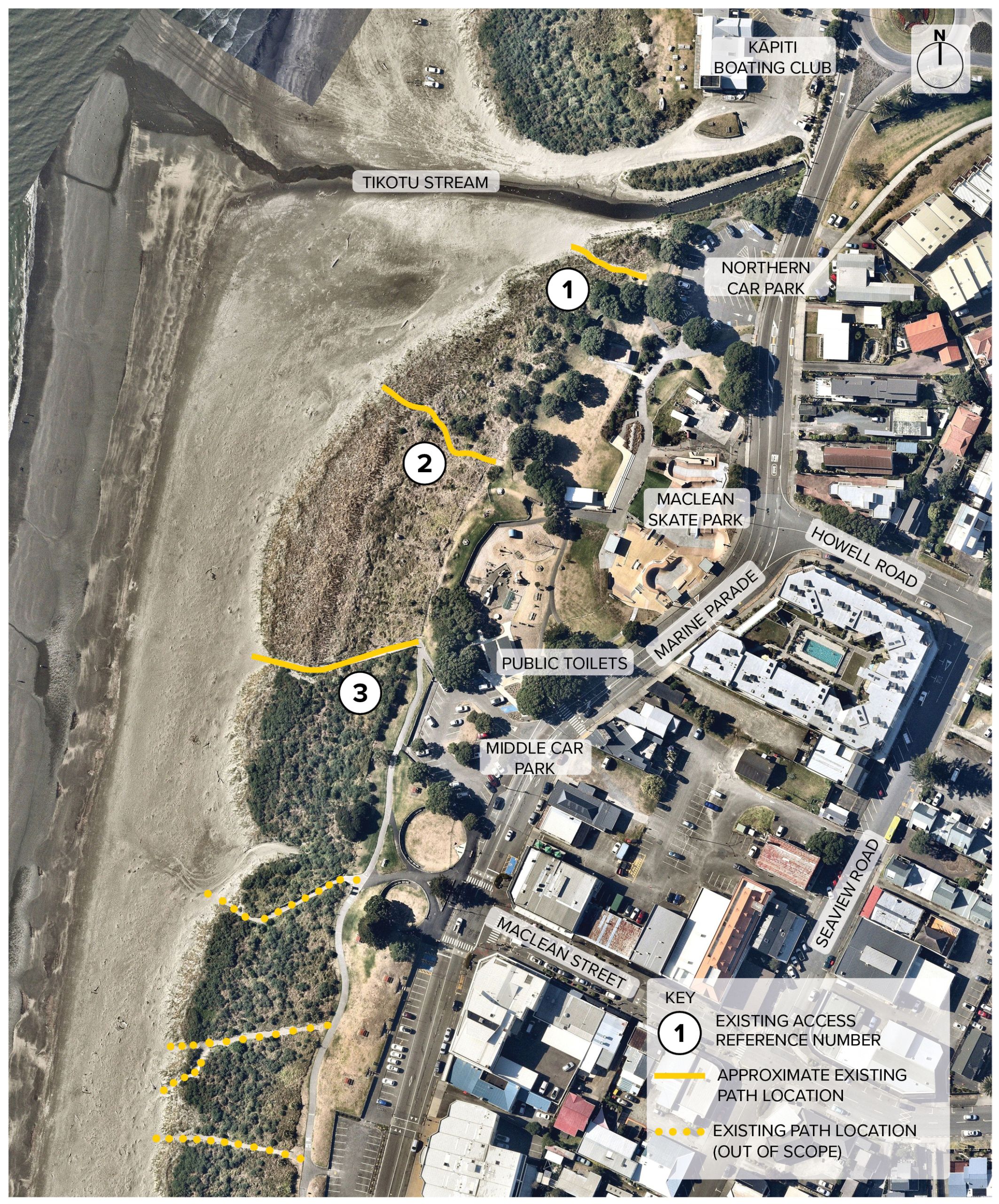 Aerial view showing three existing pathways to the beach that would be in scope for this project from the Northern car park on Marine Parade, Maclean park and middle car park beside the public toilets. 